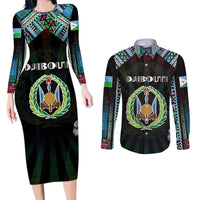 Personalized Djibouti Roots Couples Matching Long Sleeve Bodycon Dress and Long Sleeve Button Shirt African Map in Fingerprint and Tribal Colors