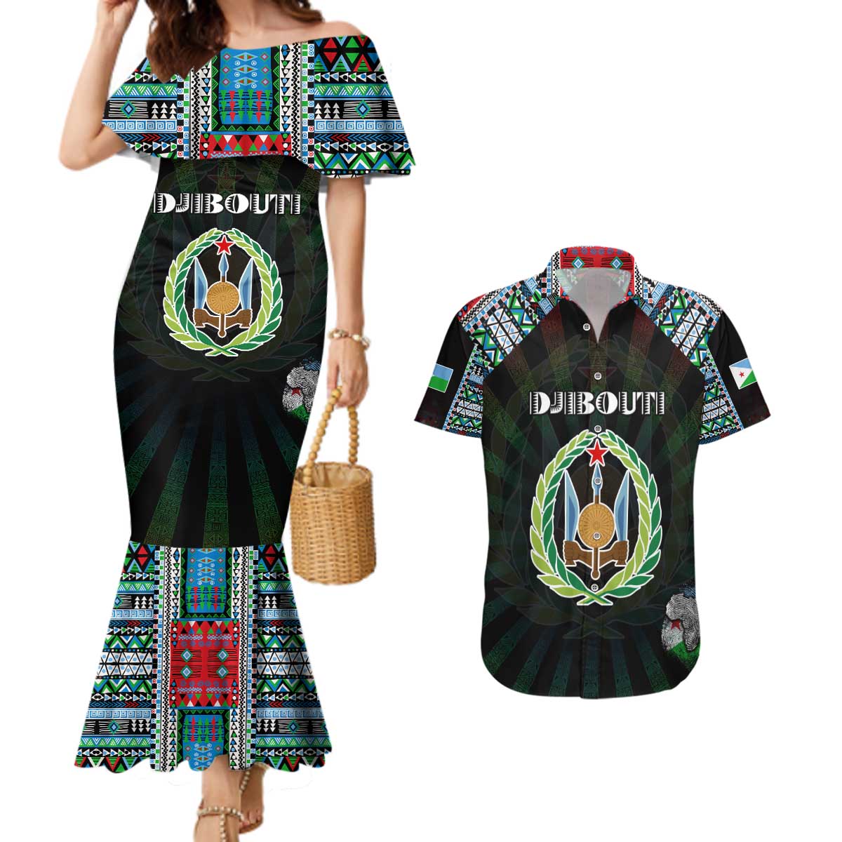 Personalized Djibouti Roots Couples Matching Mermaid Dress and Hawaiian Shirt African Map in Fingerprint and Tribal Colors