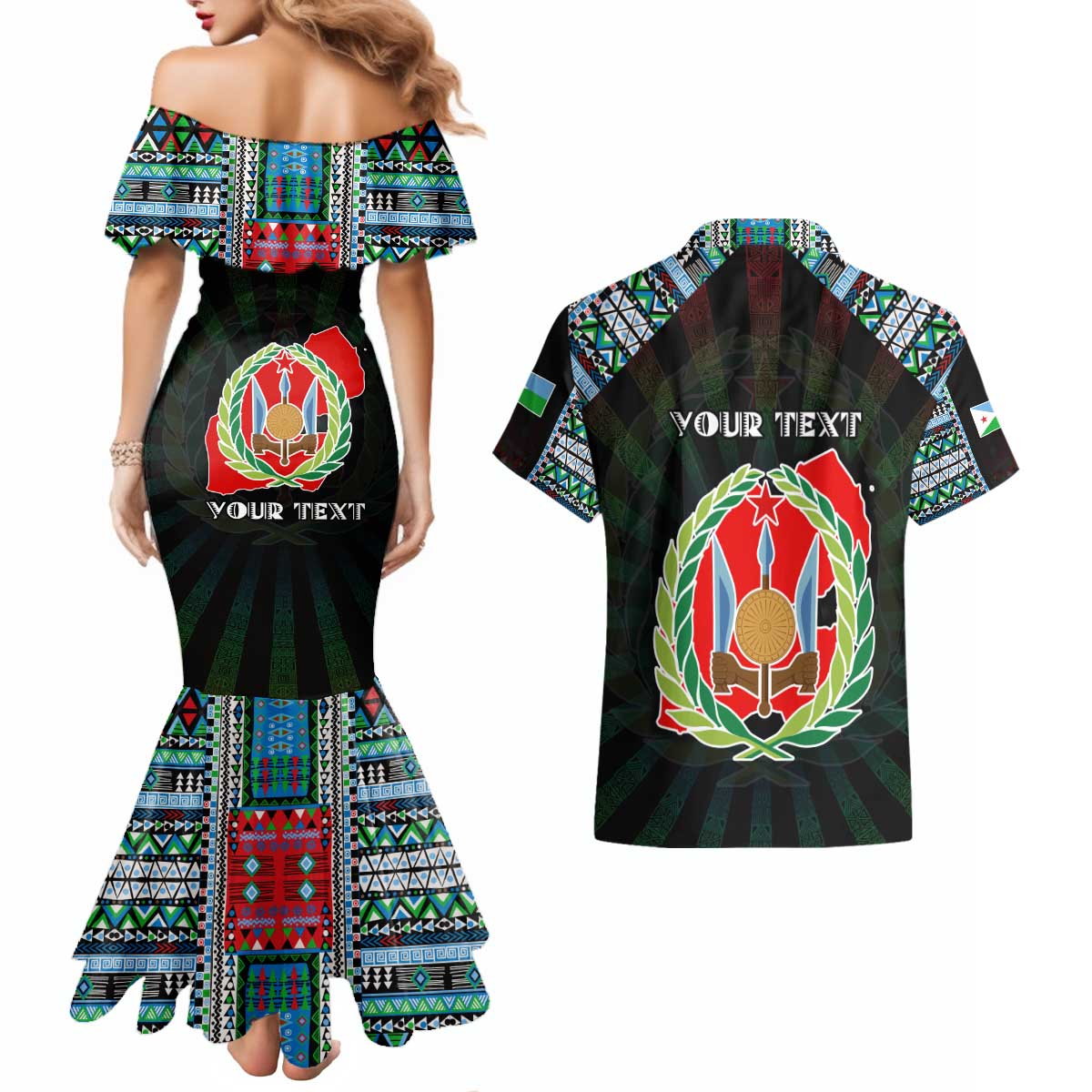 Personalized Djibouti Roots Couples Matching Mermaid Dress and Hawaiian Shirt African Map in Fingerprint and Tribal Colors