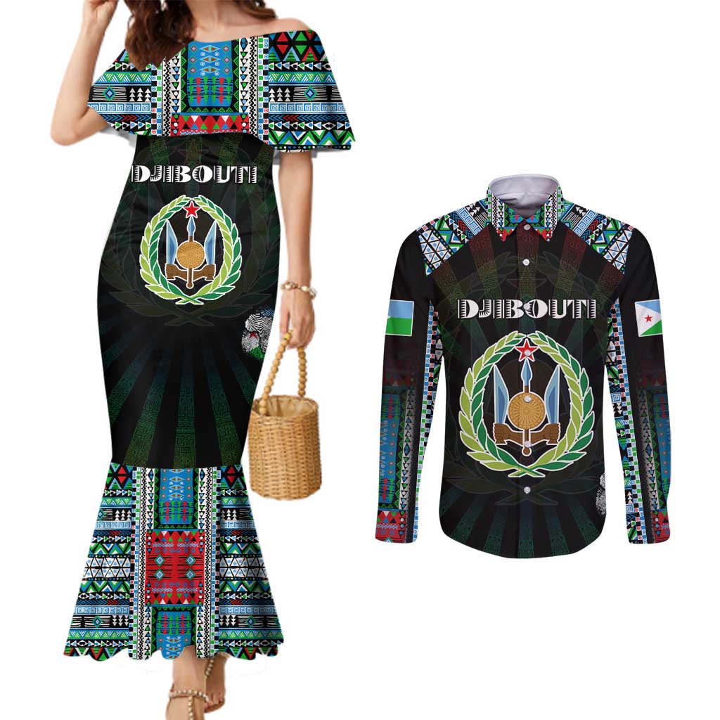 Personalized Djibouti Roots Couples Matching Mermaid Dress and Long Sleeve Button Shirt African Map in Fingerprint and Tribal Colors