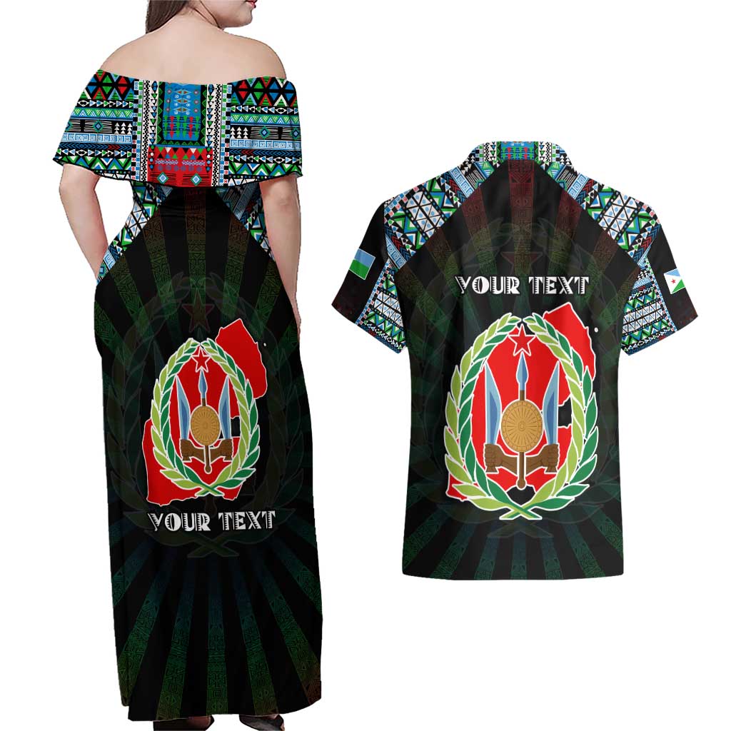Personalized Djibouti Roots Couples Matching Off Shoulder Maxi Dress and Hawaiian Shirt African Map in Fingerprint and Tribal Colors