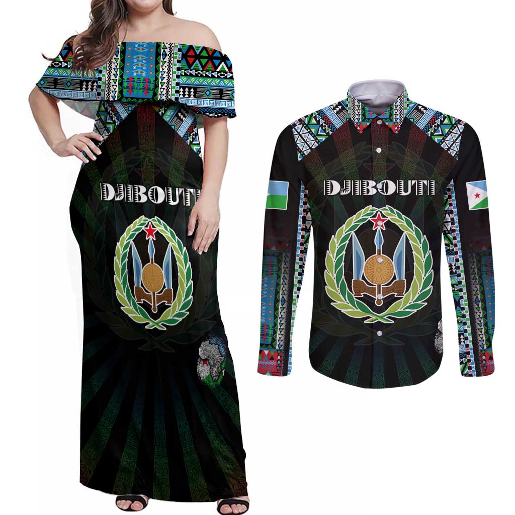 Personalized Djibouti Roots Couples Matching Off Shoulder Maxi Dress and Long Sleeve Button Shirt African Map in Fingerprint and Tribal Colors
