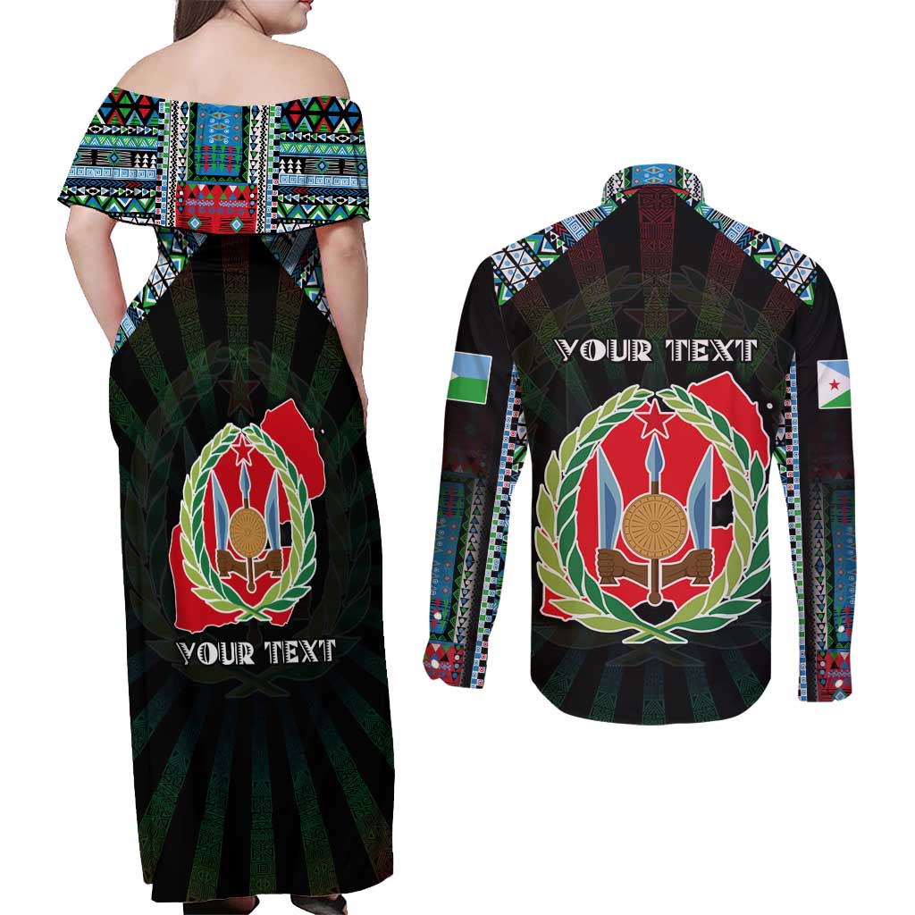 Personalized Djibouti Roots Couples Matching Off Shoulder Maxi Dress and Long Sleeve Button Shirt African Map in Fingerprint and Tribal Colors