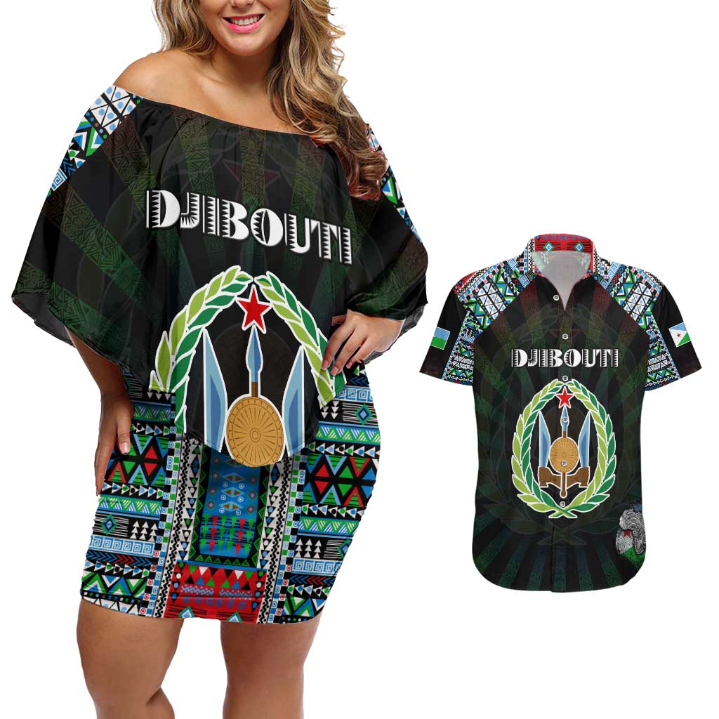 Personalized Djibouti Roots Couples Matching Off Shoulder Short Dress and Hawaiian Shirt African Map in Fingerprint and Tribal Colors