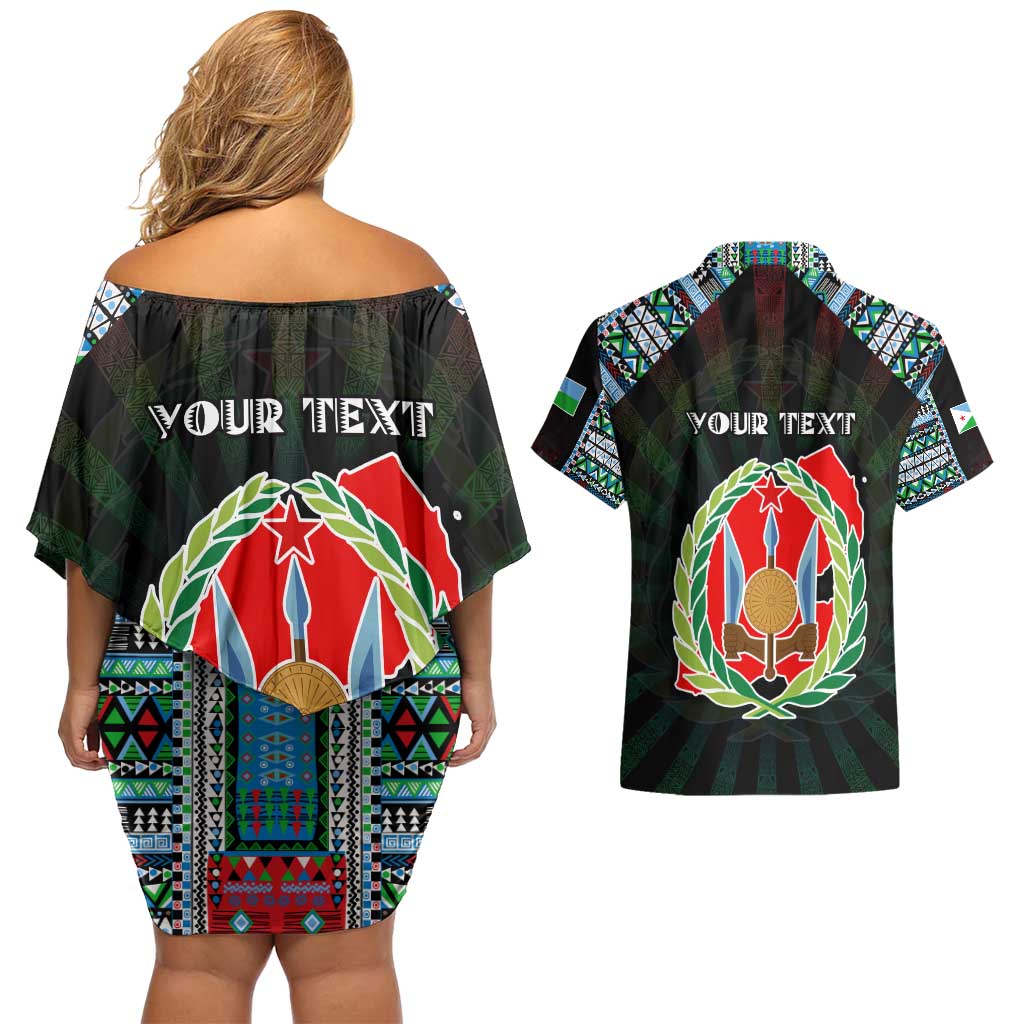 Personalized Djibouti Roots Couples Matching Off Shoulder Short Dress and Hawaiian Shirt African Map in Fingerprint and Tribal Colors