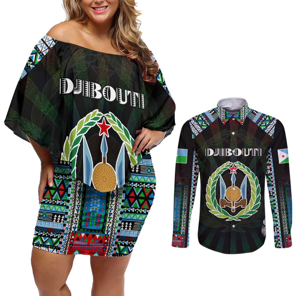 Personalized Djibouti Roots Couples Matching Off Shoulder Short Dress and Long Sleeve Button Shirt African Map in Fingerprint and Tribal Colors
