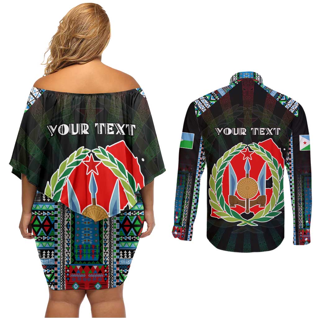 Personalized Djibouti Roots Couples Matching Off Shoulder Short Dress and Long Sleeve Button Shirt African Map in Fingerprint and Tribal Colors