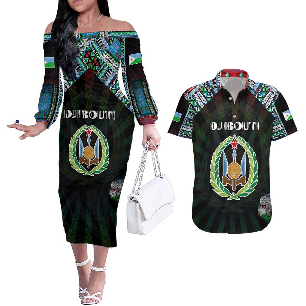 Personalized Djibouti Roots Couples Matching Off The Shoulder Long Sleeve Dress and Hawaiian Shirt African Map in Fingerprint and Tribal Colors