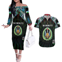Personalized Djibouti Roots Couples Matching Off The Shoulder Long Sleeve Dress and Hawaiian Shirt African Map in Fingerprint and Tribal Colors
