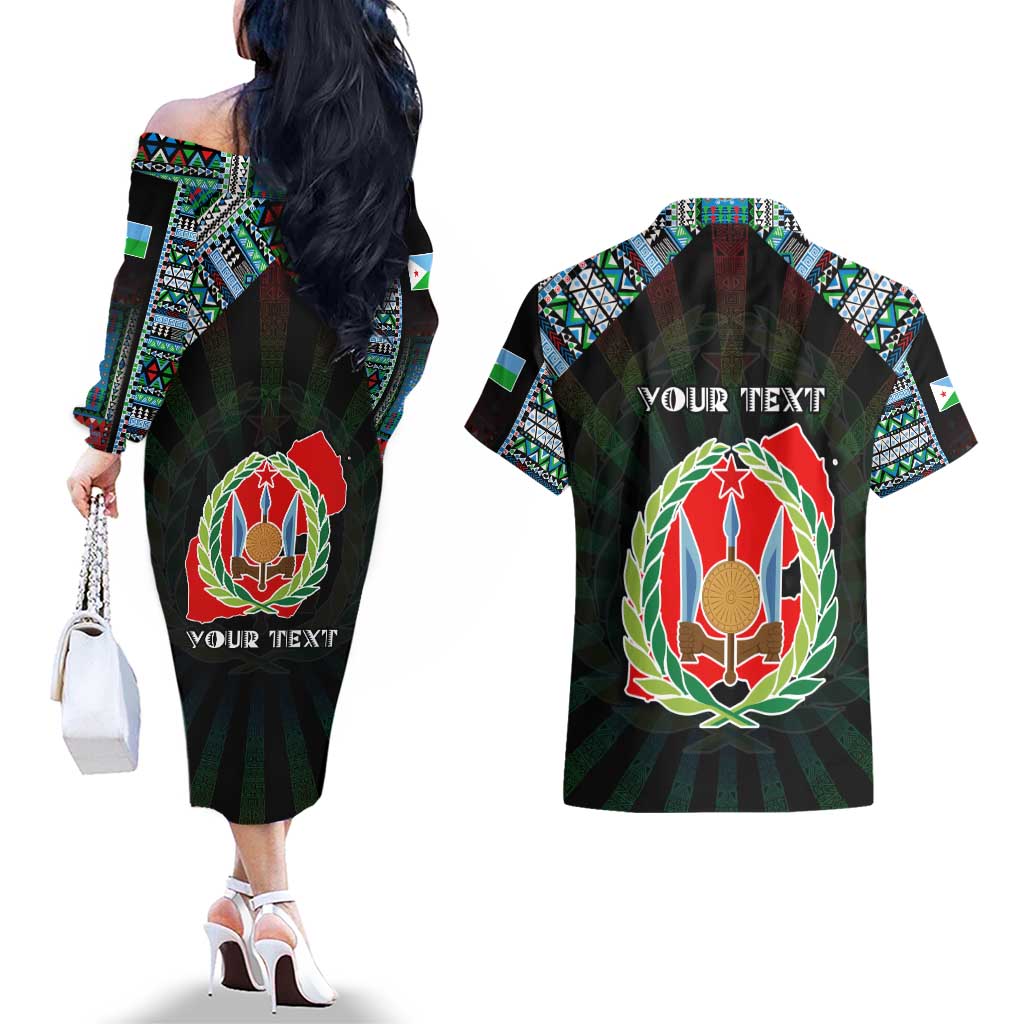 Personalized Djibouti Roots Couples Matching Off The Shoulder Long Sleeve Dress and Hawaiian Shirt African Map in Fingerprint and Tribal Colors