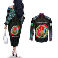 Personalized Djibouti Roots Couples Matching Off The Shoulder Long Sleeve Dress and Long Sleeve Button Shirt African Map in Fingerprint and Tribal Colors