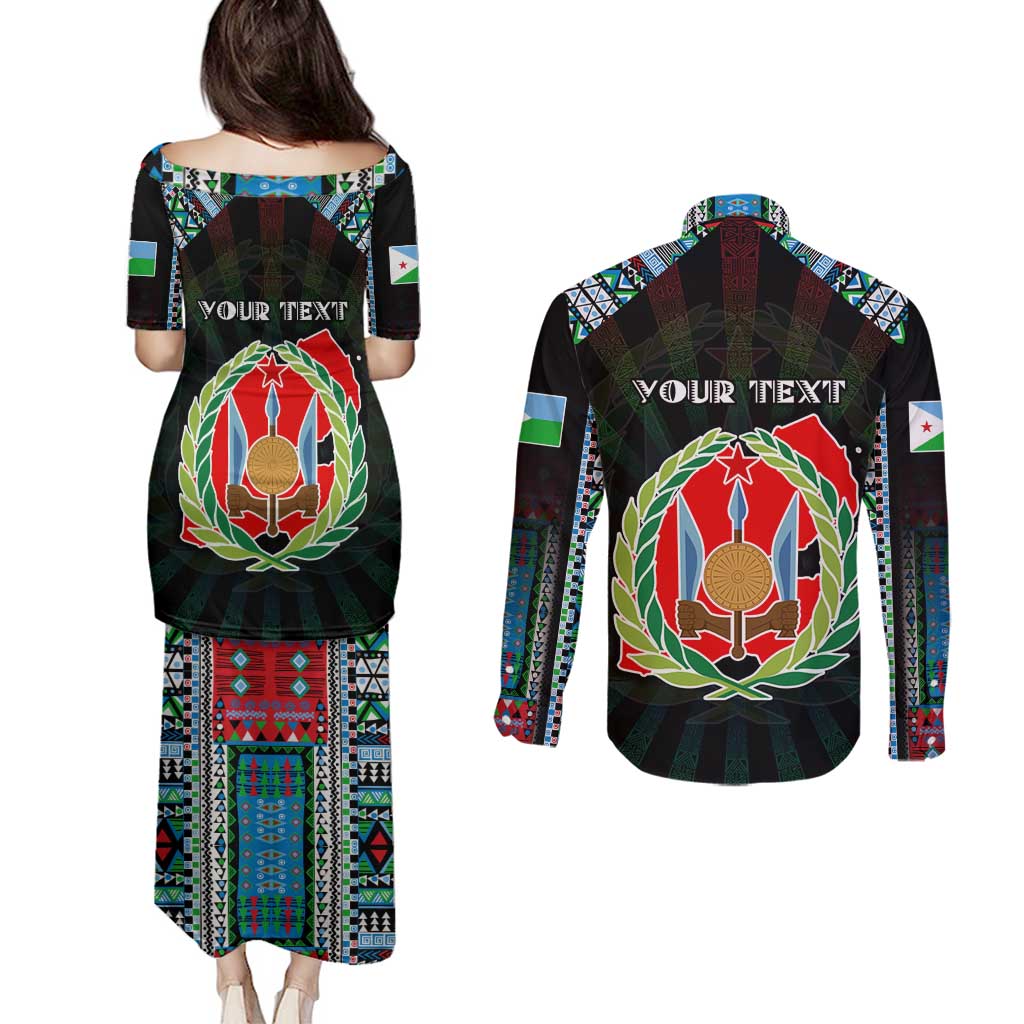 Personalized Djibouti Roots Couples Matching Puletasi and Long Sleeve Button Shirt African Map in Fingerprint and Tribal Colors