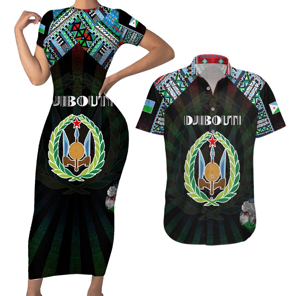 Personalized Djibouti Roots Couples Matching Short Sleeve Bodycon Dress and Hawaiian Shirt African Map in Fingerprint and Tribal Colors