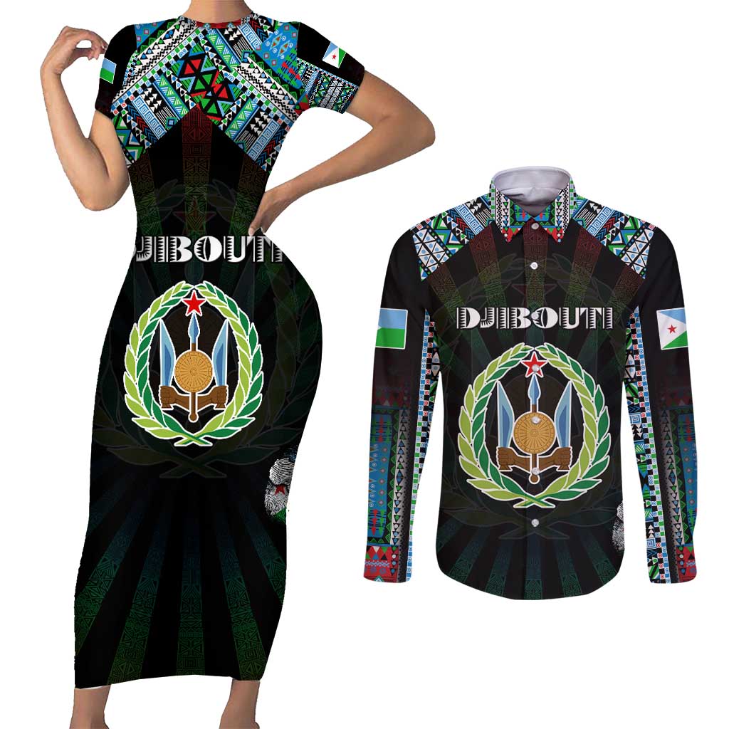 Personalized Djibouti Roots Couples Matching Short Sleeve Bodycon Dress and Long Sleeve Button Shirt African Map in Fingerprint and Tribal Colors