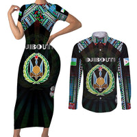Personalized Djibouti Roots Couples Matching Short Sleeve Bodycon Dress and Long Sleeve Button Shirt African Map in Fingerprint and Tribal Colors