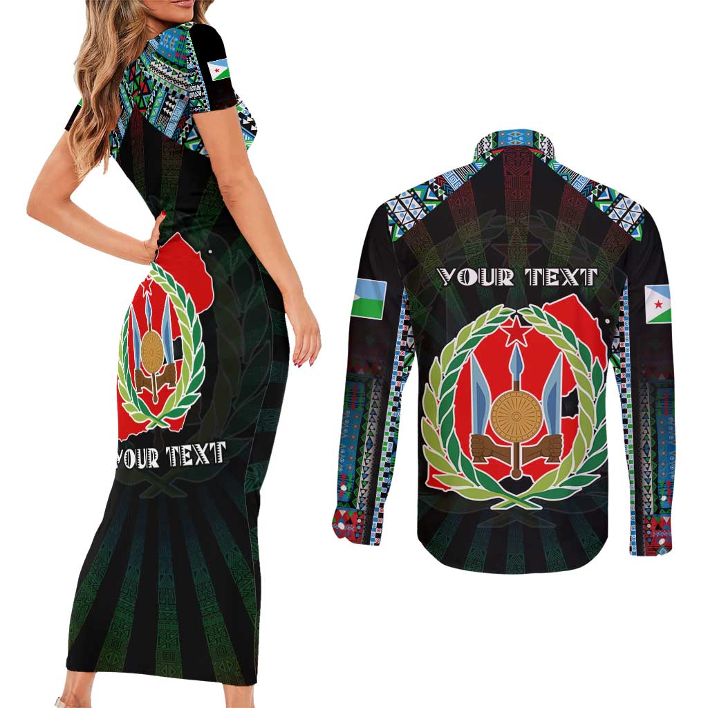 Personalized Djibouti Roots Couples Matching Short Sleeve Bodycon Dress and Long Sleeve Button Shirt African Map in Fingerprint and Tribal Colors