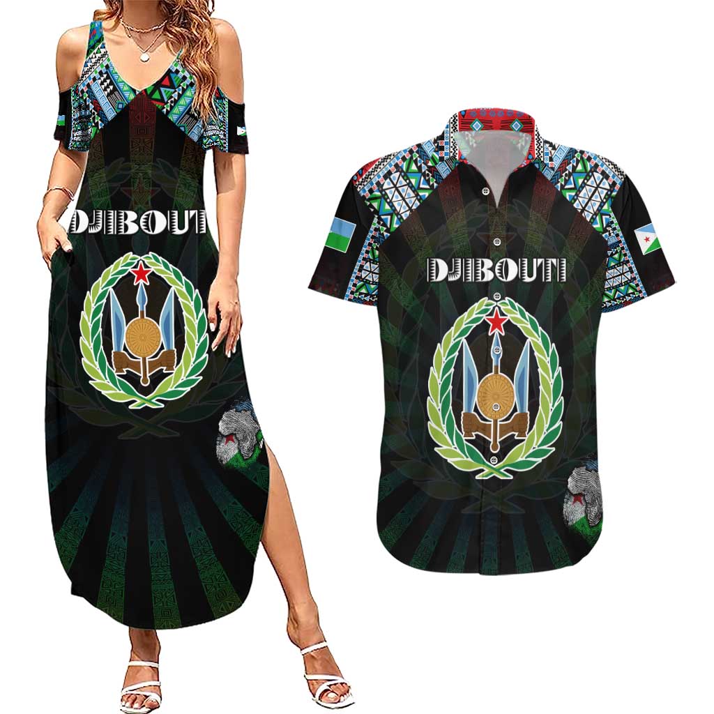Personalized Djibouti Roots Couples Matching Summer Maxi Dress and Hawaiian Shirt African Map in Fingerprint and Tribal Colors