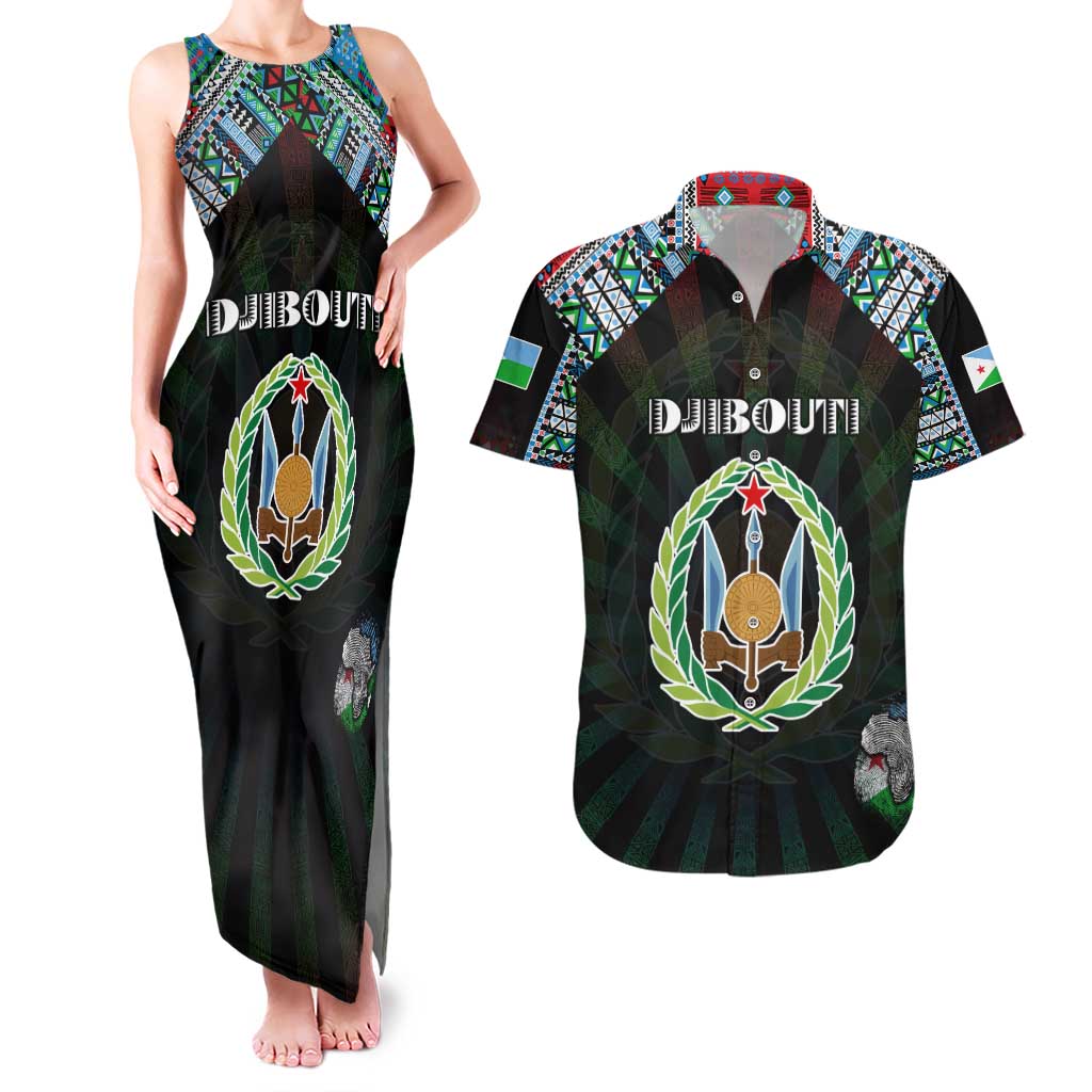 Personalized Djibouti Roots Couples Matching Tank Maxi Dress and Hawaiian Shirt African Map in Fingerprint and Tribal Colors
