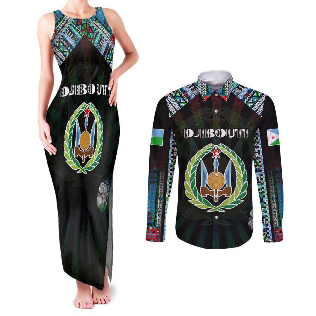 Personalized Djibouti Roots Couples Matching Tank Maxi Dress and Long Sleeve Button Shirt African Map in Fingerprint and Tribal Colors