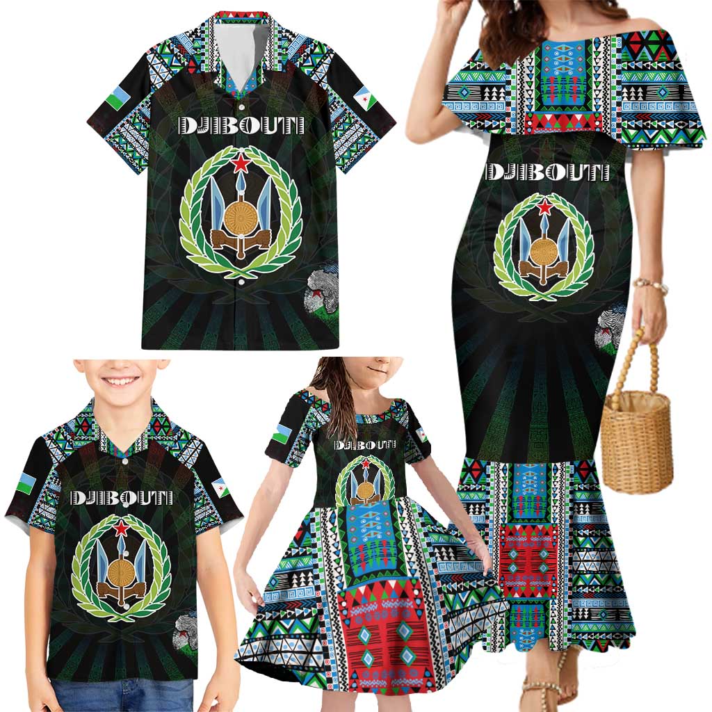 Personalized Djibouti Roots Family Matching Mermaid Dress and Hawaiian Shirt African Map in Fingerprint and Tribal Colors