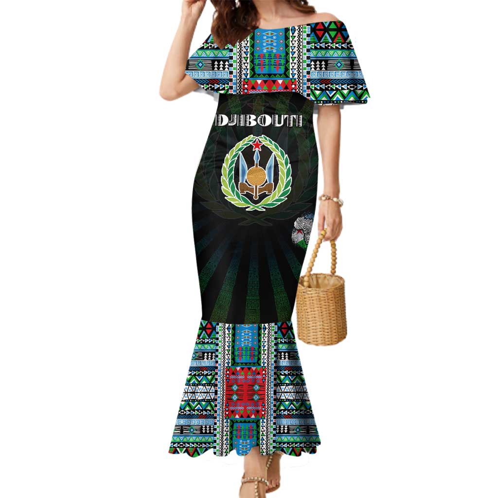 Personalized Djibouti Roots Family Matching Mermaid Dress and Hawaiian Shirt African Map in Fingerprint and Tribal Colors