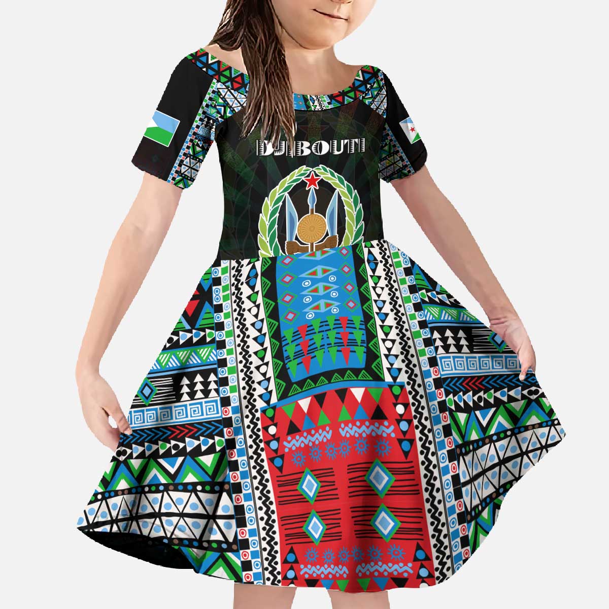 Personalized Djibouti Roots Family Matching Off The Shoulder Long Sleeve Dress and Hawaiian Shirt African Map in Fingerprint and Tribal Colors