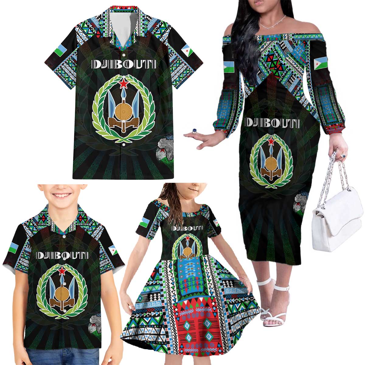 Personalized Djibouti Roots Family Matching Off The Shoulder Long Sleeve Dress and Hawaiian Shirt African Map in Fingerprint and Tribal Colors