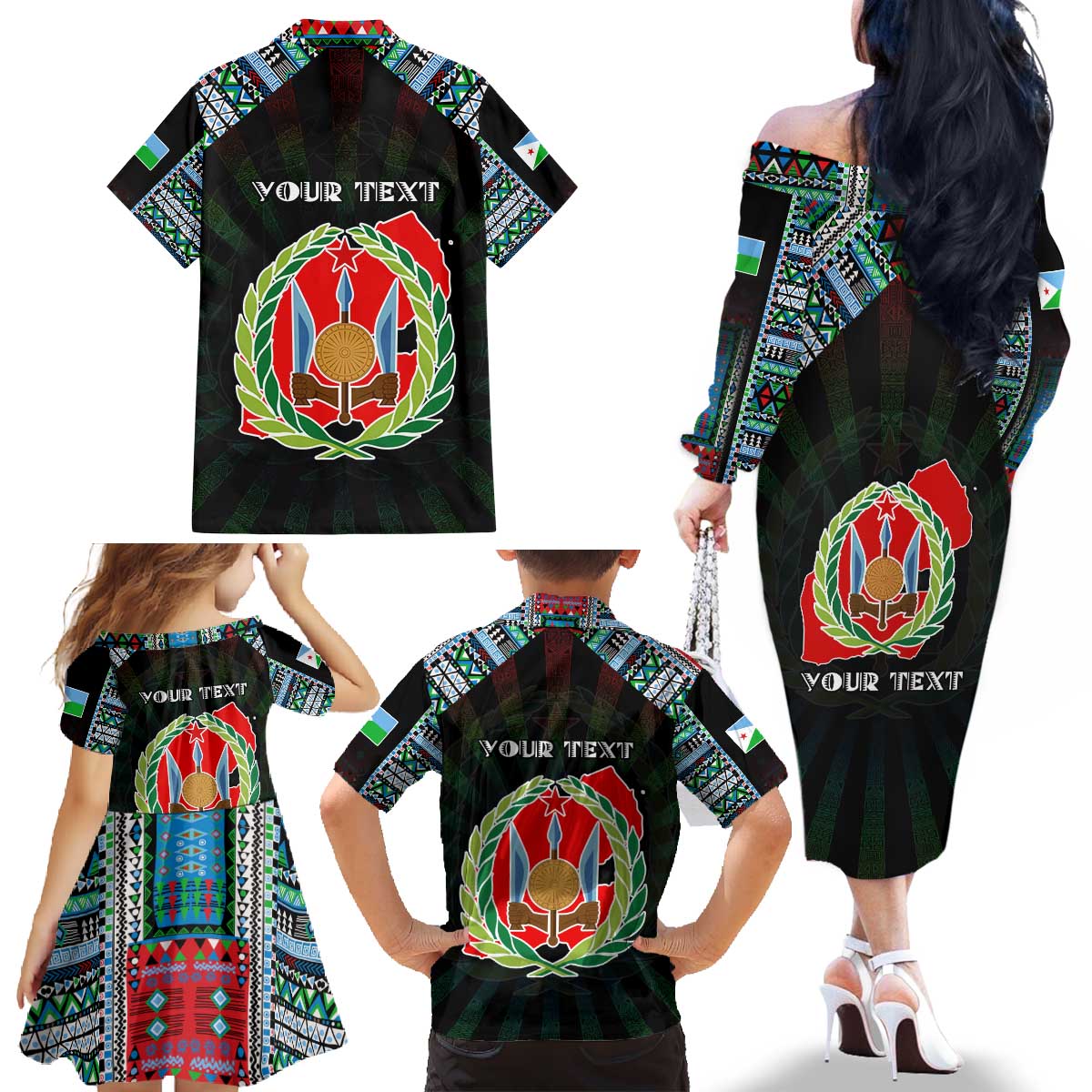 Personalized Djibouti Roots Family Matching Off The Shoulder Long Sleeve Dress and Hawaiian Shirt African Map in Fingerprint and Tribal Colors