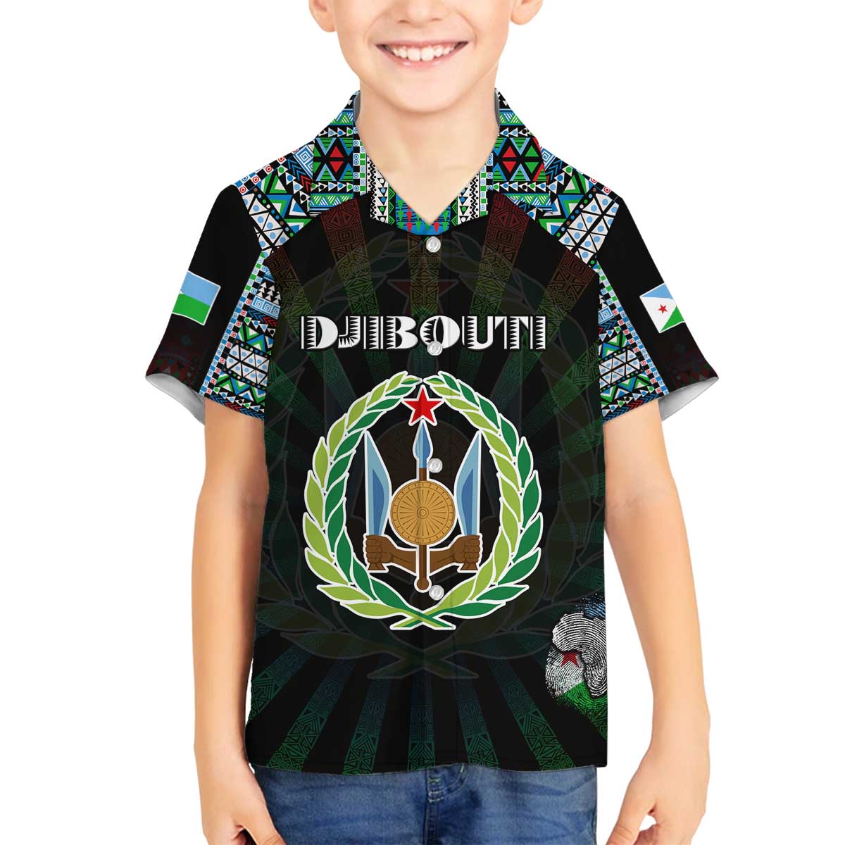 Personalized Djibouti Roots Family Matching Off The Shoulder Long Sleeve Dress and Hawaiian Shirt African Map in Fingerprint and Tribal Colors