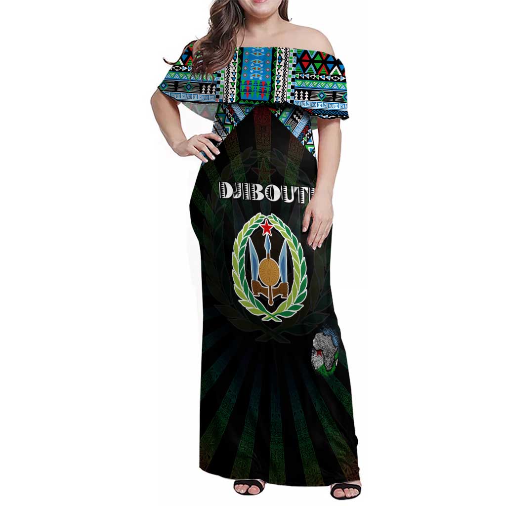 Personalized Djibouti Roots Family Matching Off Shoulder Maxi Dress and Hawaiian Shirt African Map in Fingerprint and Tribal Colors