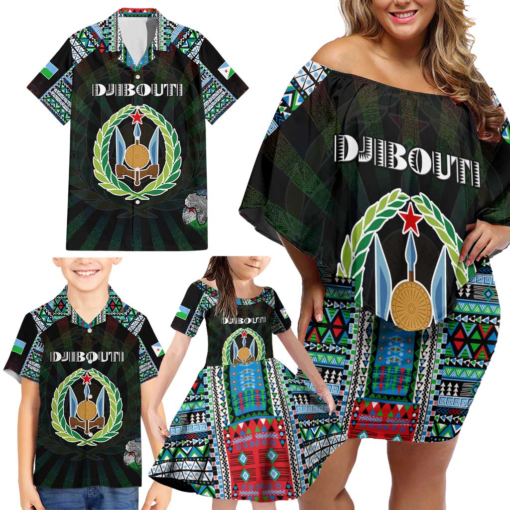 Personalized Djibouti Roots Family Matching Off Shoulder Short Dress and Hawaiian Shirt African Map in Fingerprint and Tribal Colors