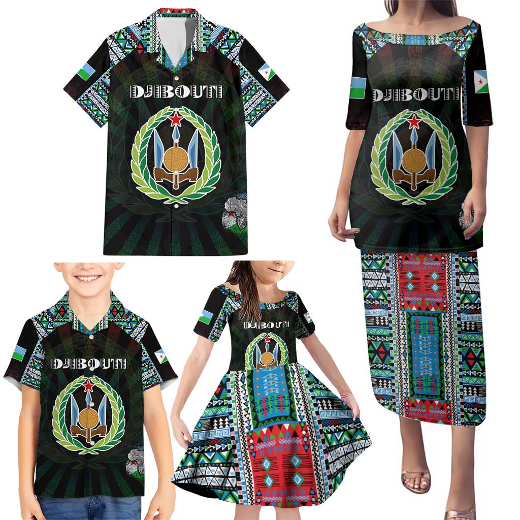 Personalized Djibouti Roots Family Matching Puletasi and Hawaiian Shirt African Map in Fingerprint and Tribal Colors
