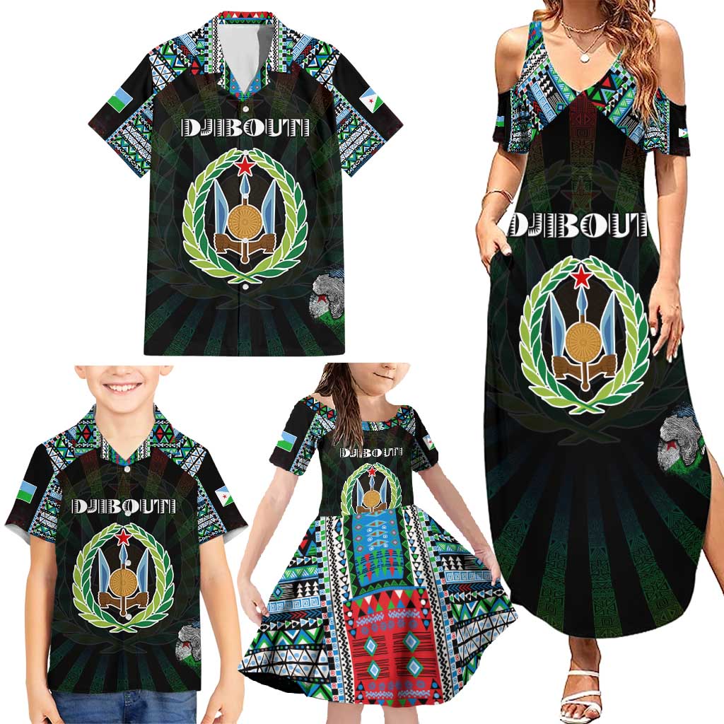 Personalized Djibouti Roots Family Matching Summer Maxi Dress and Hawaiian Shirt African Map in Fingerprint and Tribal Colors
