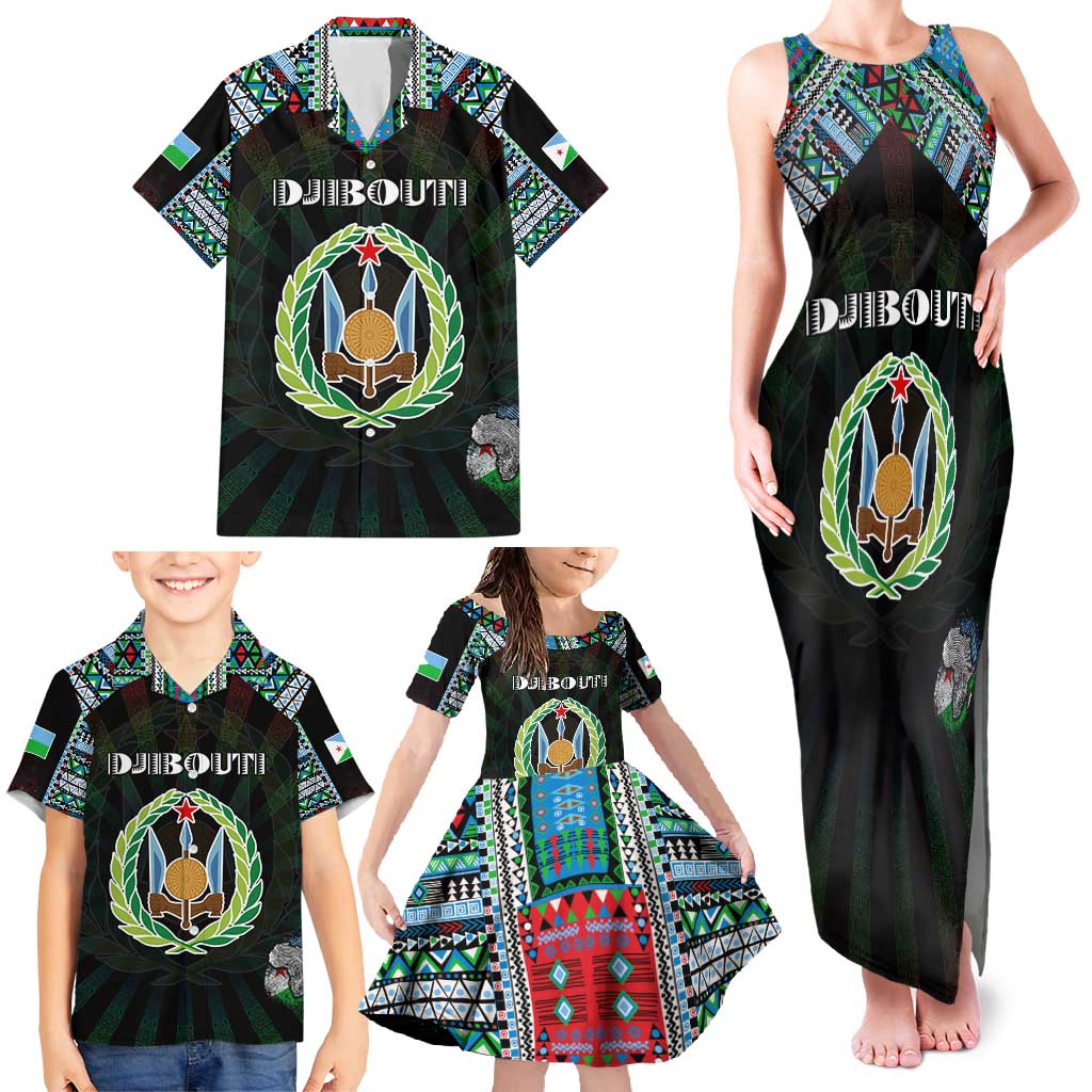 Personalized Djibouti Roots Family Matching Tank Maxi Dress and Hawaiian Shirt African Map in Fingerprint and Tribal Colors