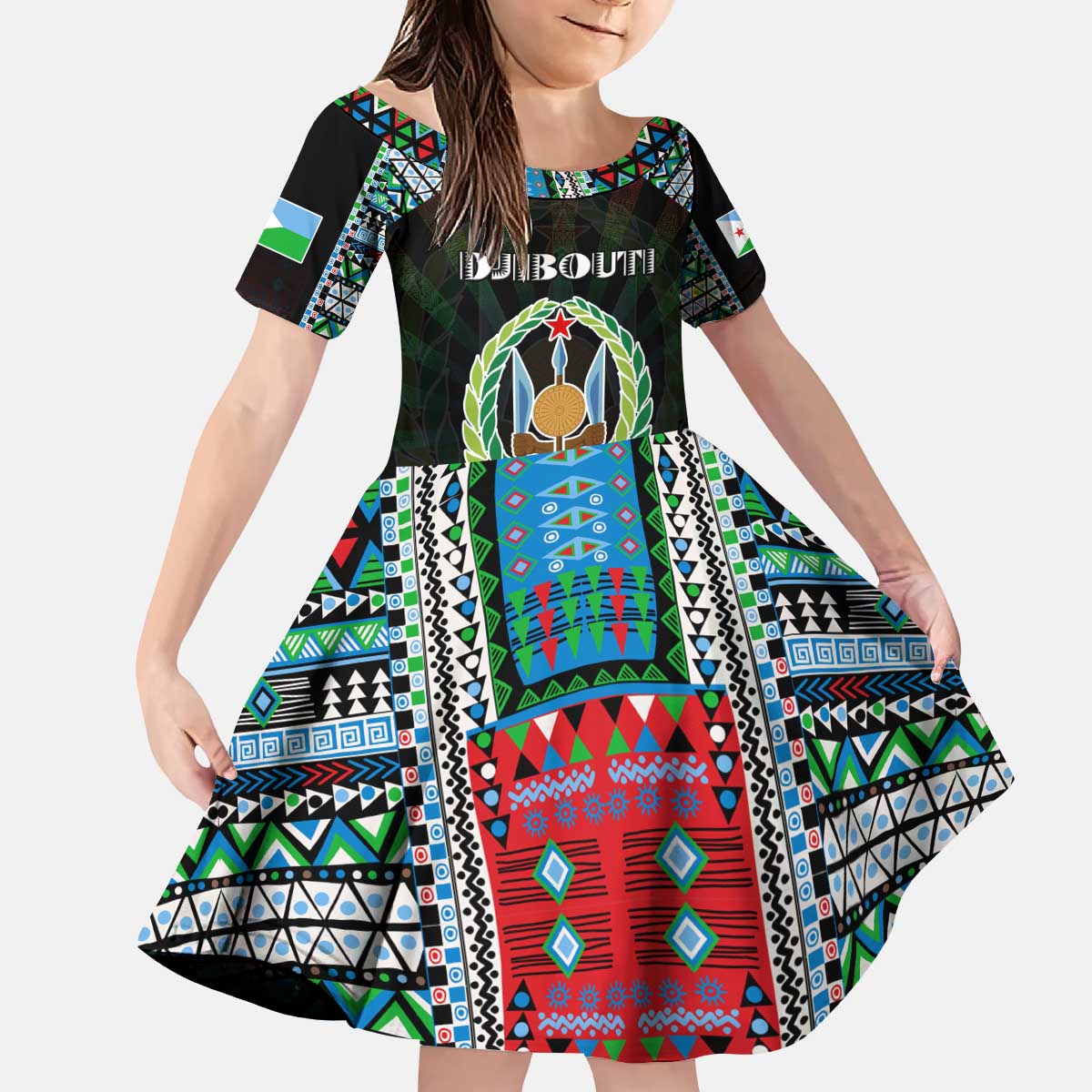 Personalized Djibouti Roots Kid Short Sleeve Dress African Map in Fingerprint and Tribal Colors