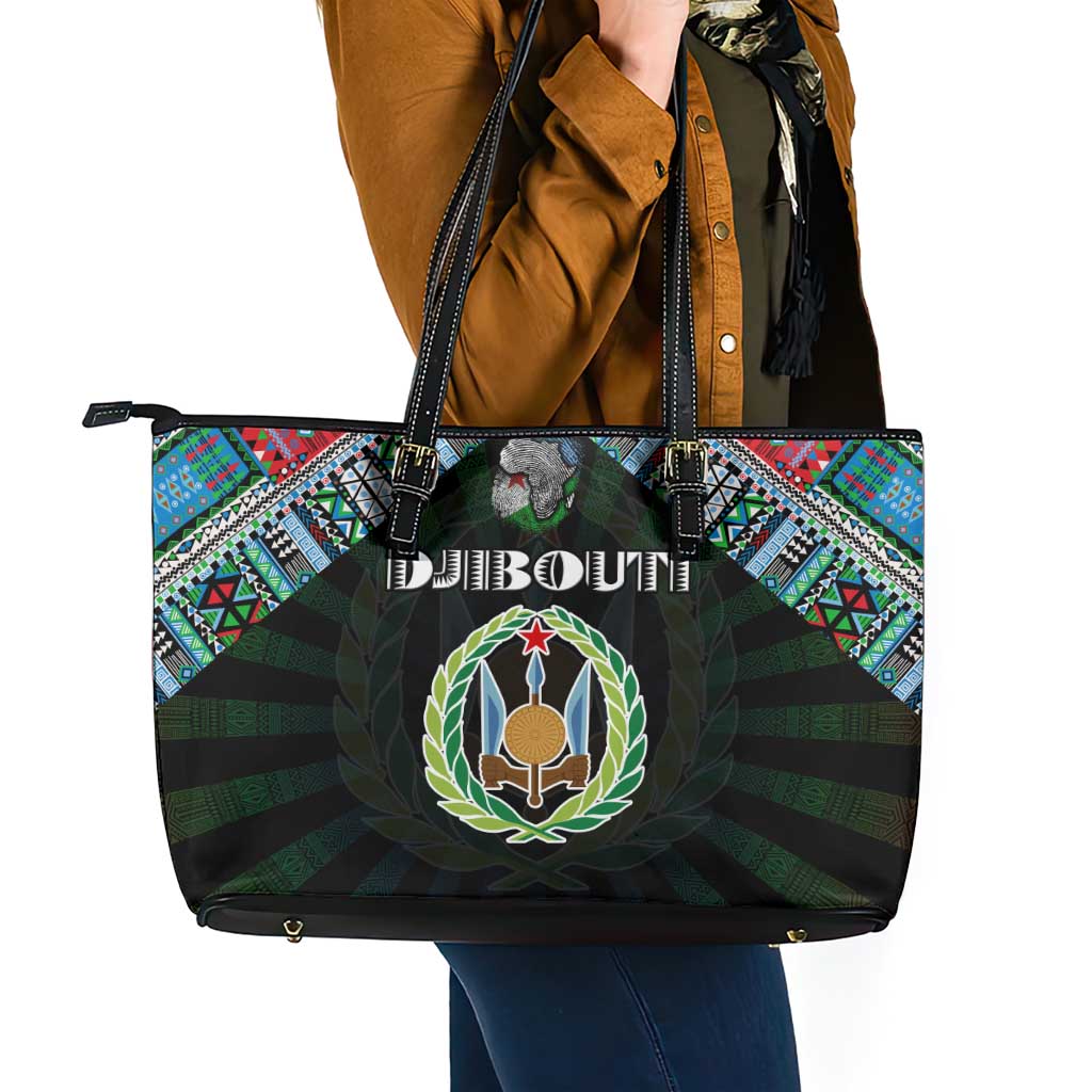 Djibouti Roots Leather Tote Bag African Map in Fingerprint and Tribal Colors