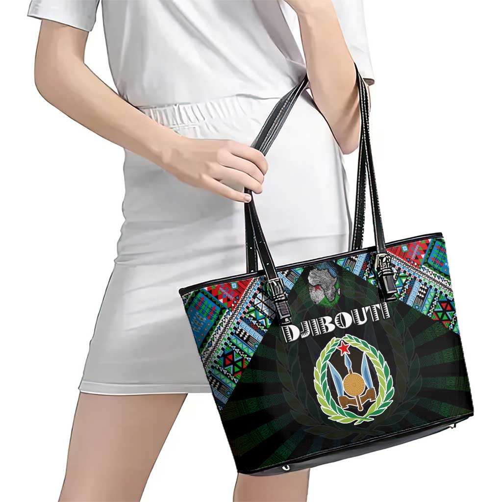 Djibouti Roots Leather Tote Bag African Map in Fingerprint and Tribal Colors