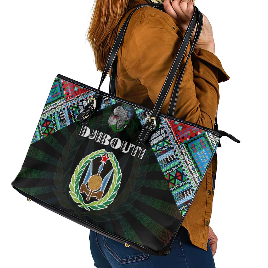 Djibouti Roots Leather Tote Bag African Map in Fingerprint and Tribal Colors