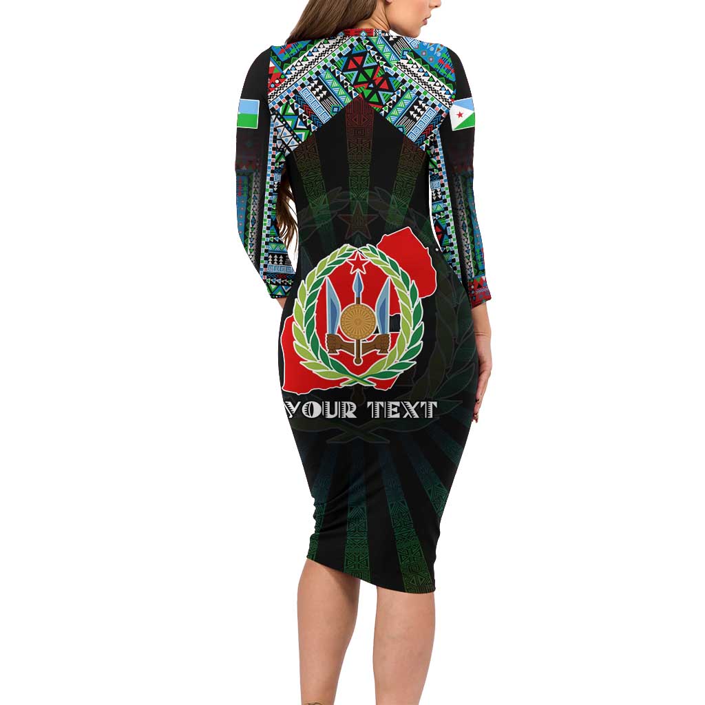 Personalized Djibouti Roots Long Sleeve Bodycon Dress African Map in Fingerprint and Tribal Colors