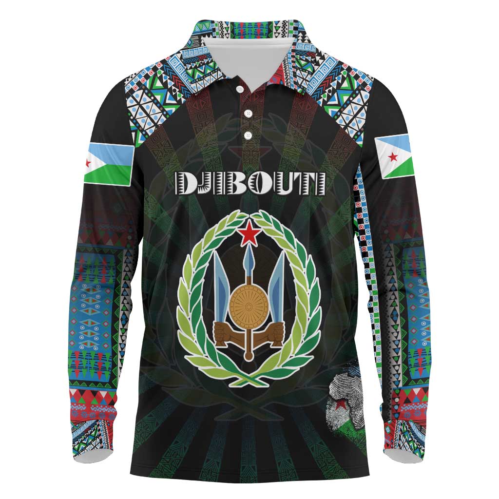 Personalized Djibouti Roots Long Sleeve Polo Shirt African Map in Fingerprint and Tribal Colors