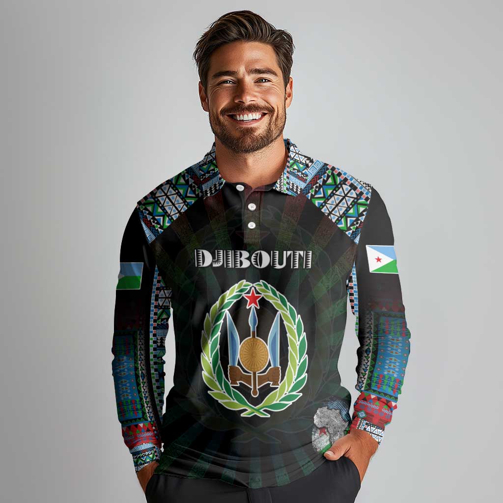 Personalized Djibouti Roots Long Sleeve Polo Shirt African Map in Fingerprint and Tribal Colors