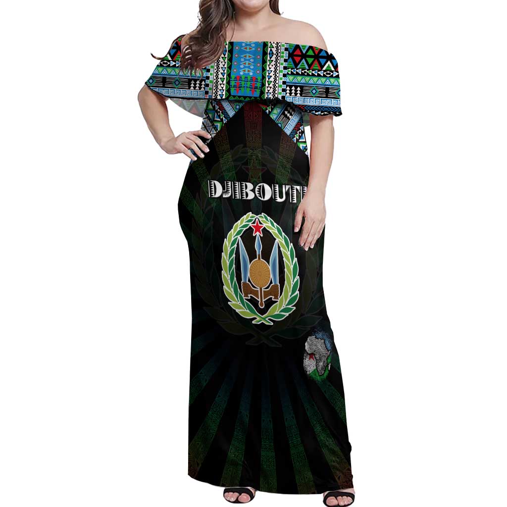 Personalized Djibouti Roots Off Shoulder Maxi Dress African Map in Fingerprint and Tribal Colors