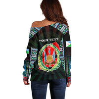 Personalized Djibouti Roots Off Shoulder Sweater African Map in Fingerprint and Tribal Colors