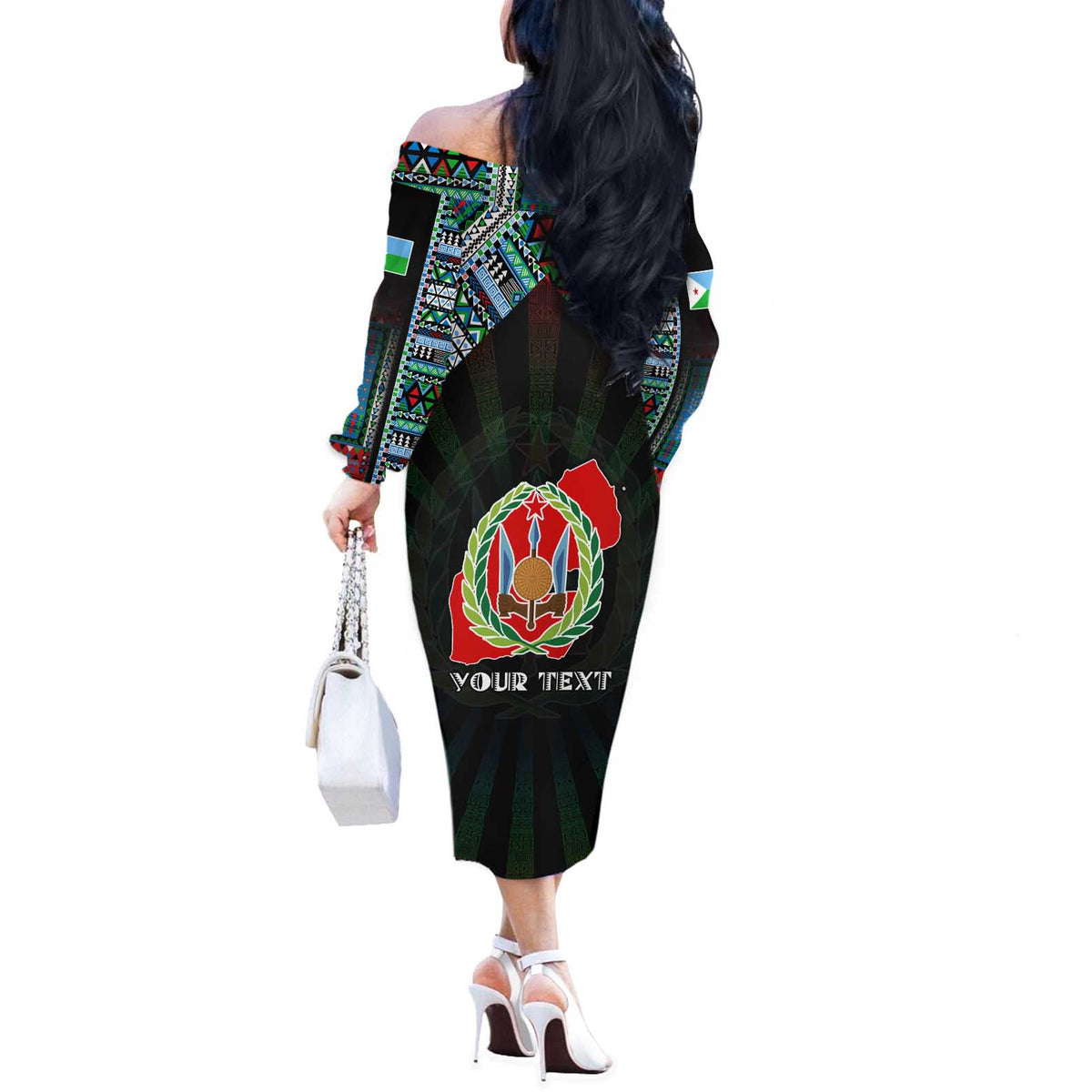 Personalized Djibouti Roots Off The Shoulder Long Sleeve Dress African Map in Fingerprint and Tribal Colors