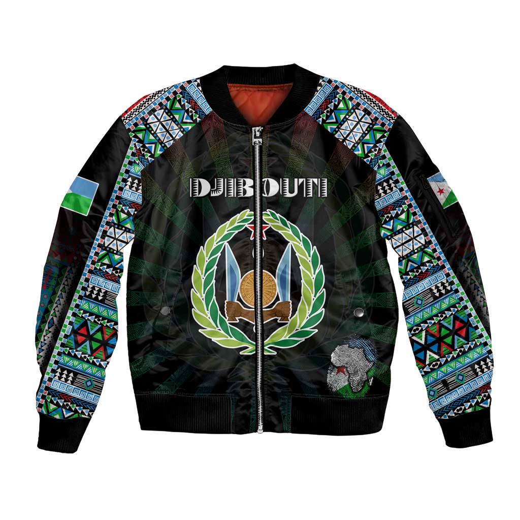 Personalized Djibouti Roots Sleeve Zip Bomber Jacket African Map in Fingerprint and Tribal Colors