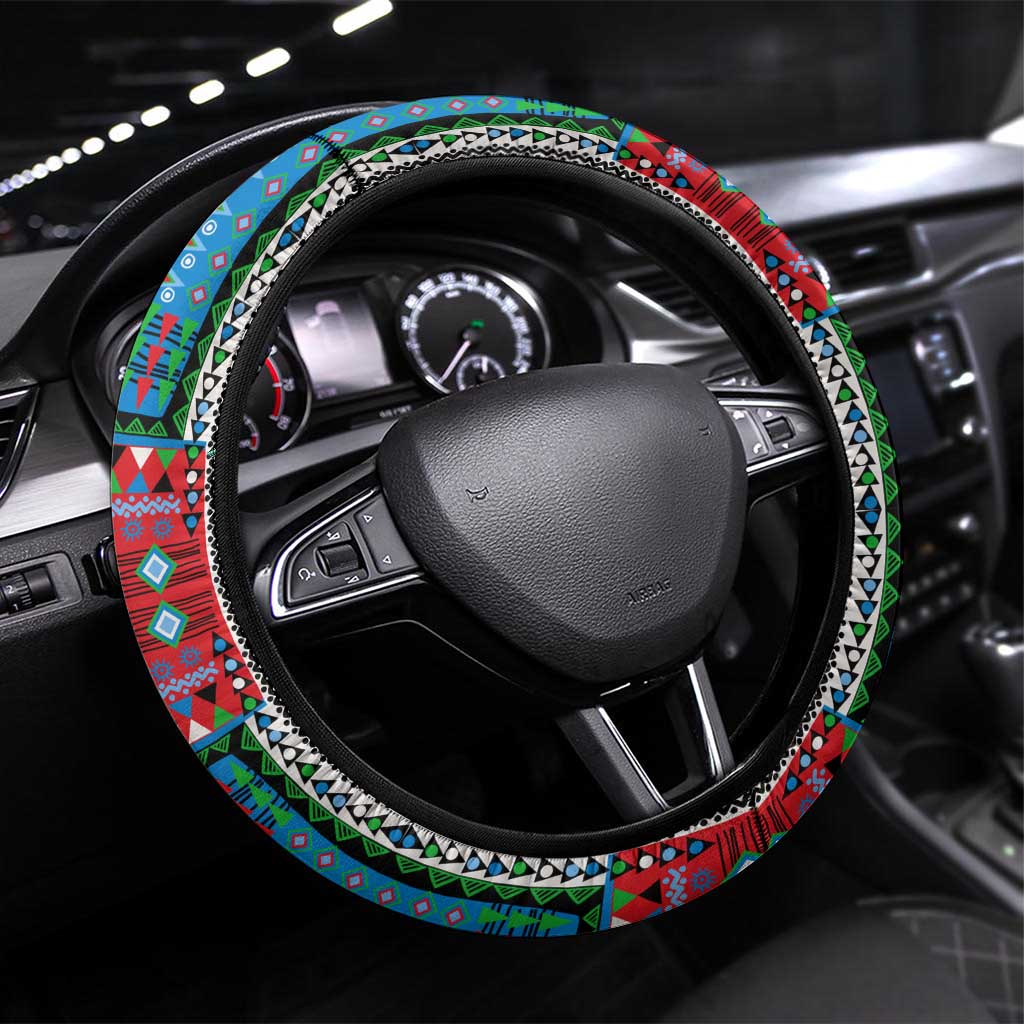 Djibouti Roots Steering Wheel Cover African Map in Fingerprint and Tribal Colors