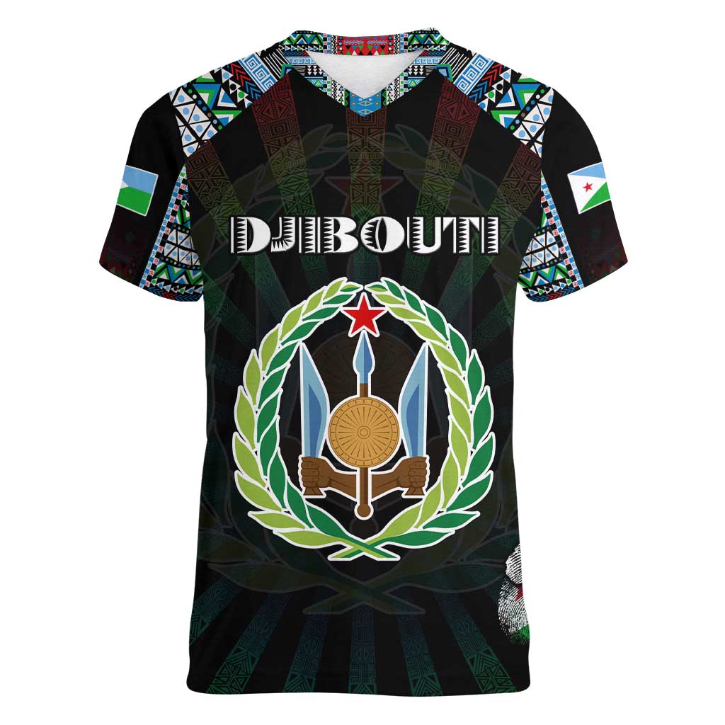 Personalized Djibouti Roots Women V-Neck T-Shirt African Map in Fingerprint and Tribal Colors