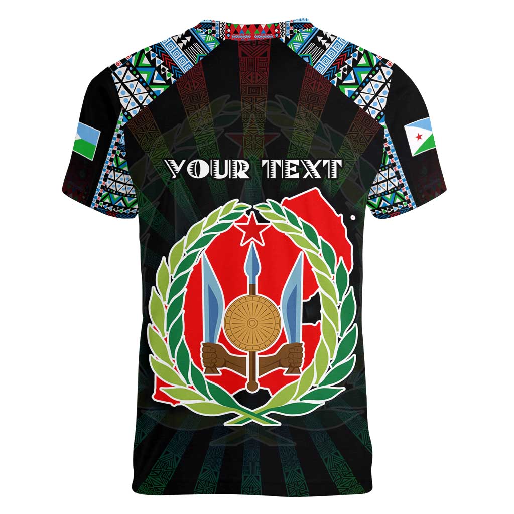 Personalized Djibouti Roots Women V-Neck T-Shirt African Map in Fingerprint and Tribal Colors