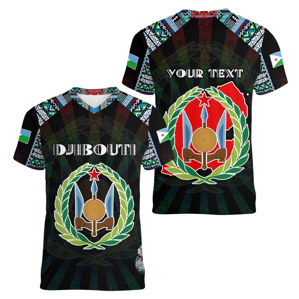 Personalized Djibouti Roots Women V-Neck T-Shirt African Map in Fingerprint and Tribal Colors