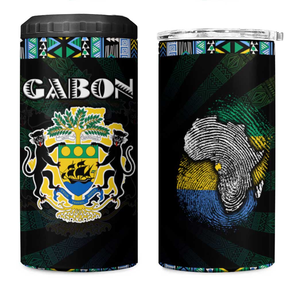 Gabon Roots 4 in 1 Can Cooler Tumbler African Map in Fingerprint and Tribal Colors